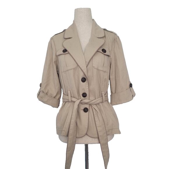 VTG Y2k Maurices Cropped Trench Coat Jacket Size M Beige Preppy Safari Academia - Picture 1 of 6